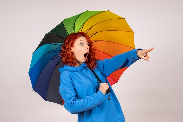 Free photo front view of young female with colorful umbrella on the white wall