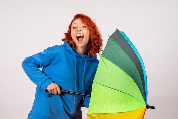 Free photo front view of young female with colorful umbrella on white wall