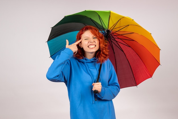 Free photo front view of young female with colorful umbrella on white wall