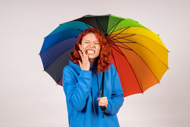 Free photo front view of young female with colorful umbrella on white wall