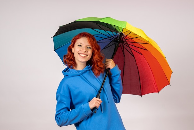 Front view of young female with colorful umbrella on white wall