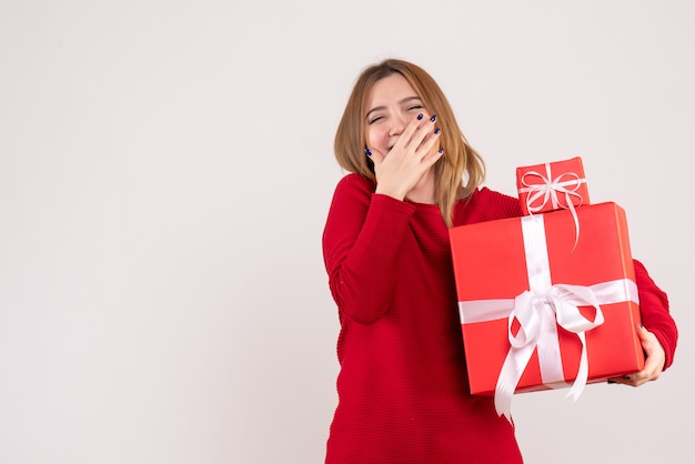 Front view young female with xmas presents