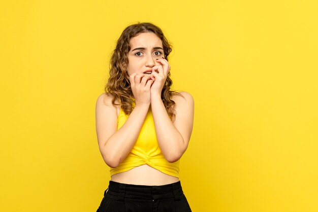 Front view of young girl with scared expression on yellow wall