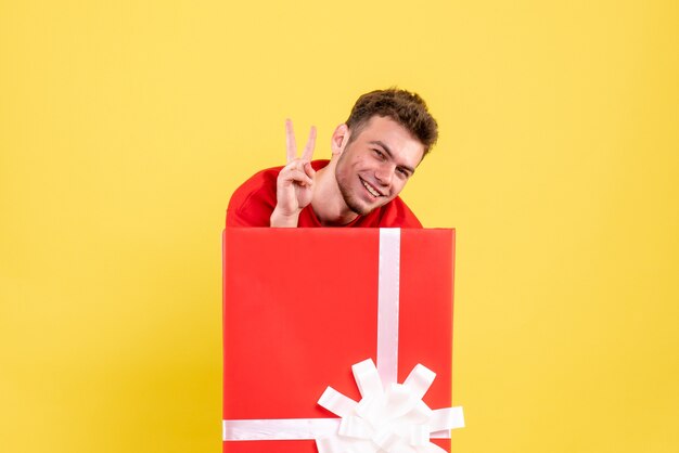 Front view young male in red shirt standing inside present box smiling