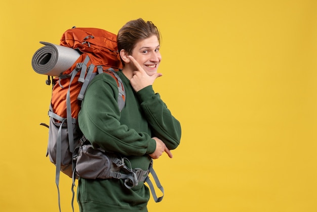 Free photo front view young male with backpack preparing for hiking