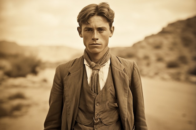 Free photo front view young man posing vintage portrait