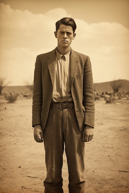 Free Photo front view young man posing vintage portrait