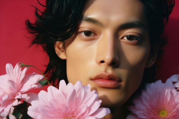 Free photo front view young man posing with flowers