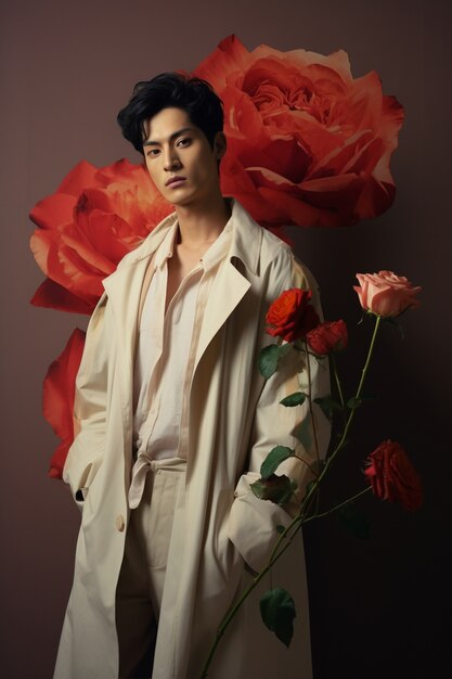 Front view young man posing with roses