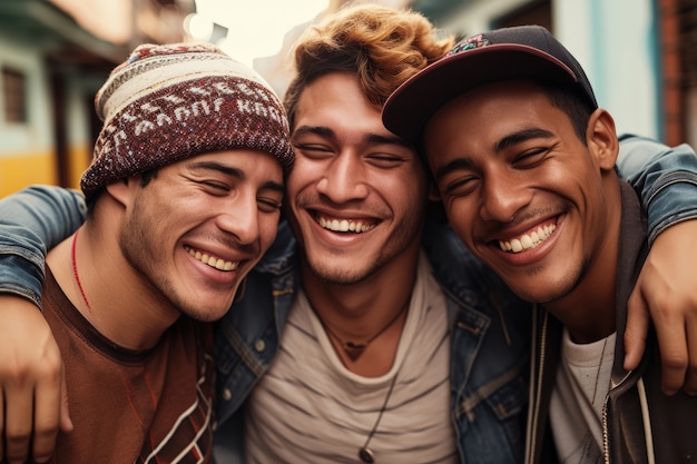 Front view young men laughing