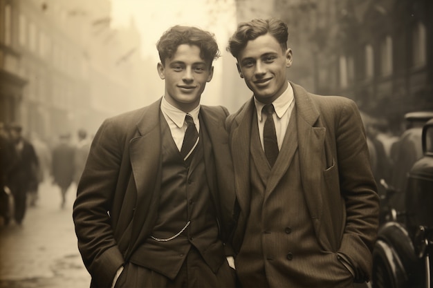 Free Photo front view young men posing vintage portrait