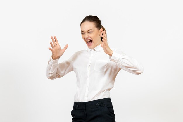 Front view young woman in elegant white blouse screaming on white background woman office job lady female worker