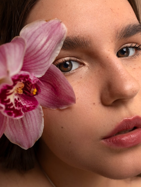 Free photo front view young woman posing with flower