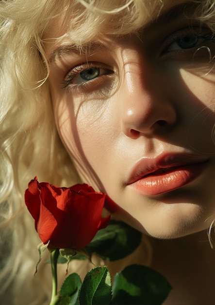 Front view young woman posing with rose