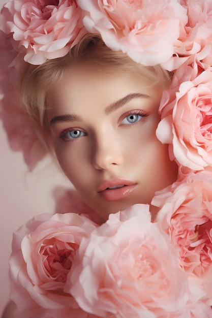 Front view young woman posing with roses