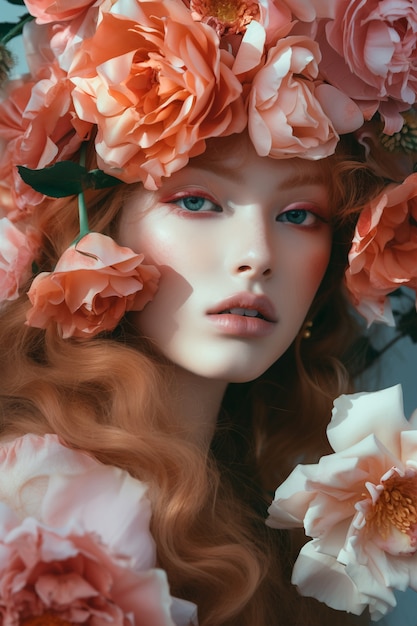 Front view young woman posing with roses