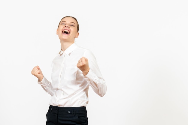 Front view young woman in white blouse with rejoicing face on a white background job office female emotion feeling model