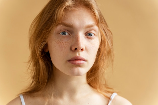 Front view young woman with freckles