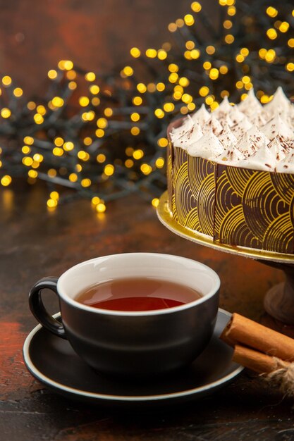 Front view yummy cream cake on dark background sweet dessert pie color birthday sugar tea love