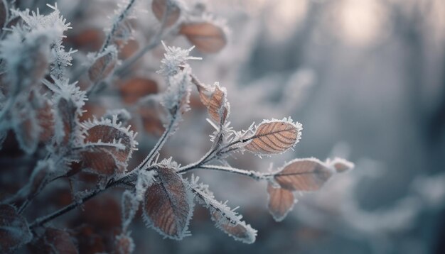 Frosty branch in winter forest close up macro generated by AI