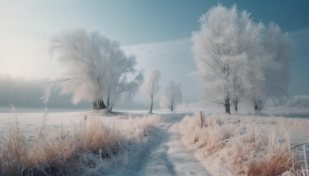 Free photo frosty winter forest tranquil beauty in nature generated by ai