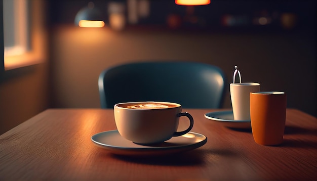 Frothy cappuccino on elegant wooden coffee table generated by AI