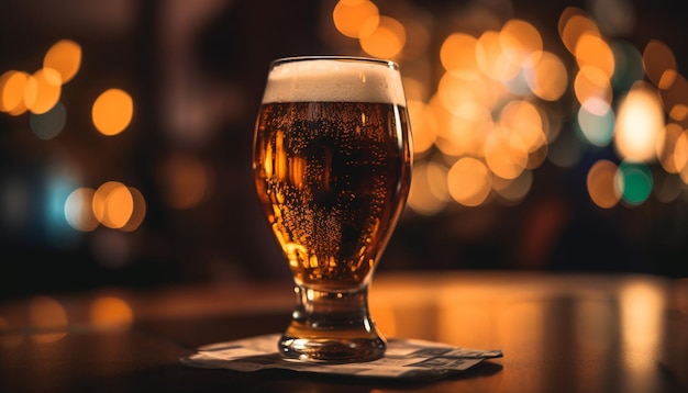 Frothy drink in pint glass on wooden table generated by AI