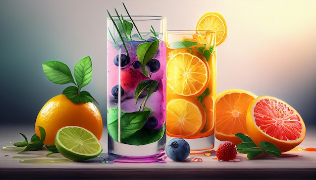 Fruit filled cocktail with citrus mint and ice generative AI