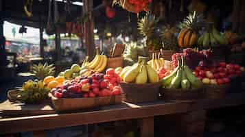 Free photo a fruit market with stalls and customers