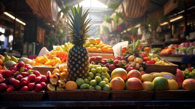 Free photo a fruit market with stalls and customers