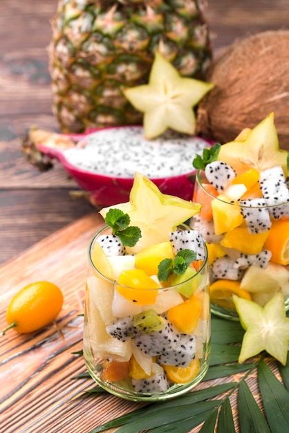 Fruit salad in glass high view