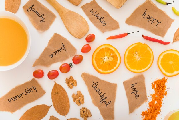 Fruits, notes and leaves on board