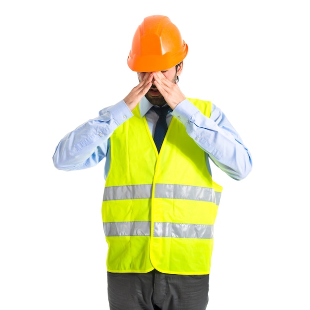 Free photo frustrated workman over white background