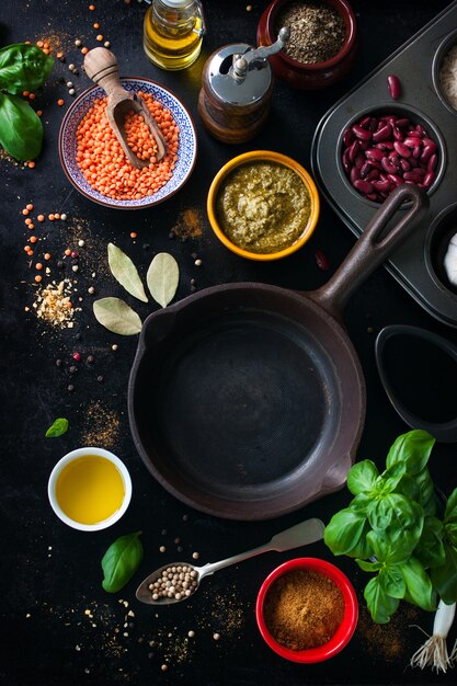 Frying pan empty and assorted spices