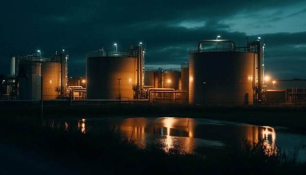 Free Photo fuel refinery illuminated at night with pipelines generated by ai