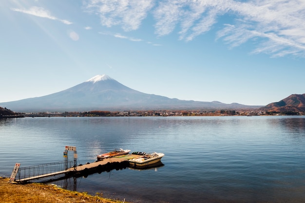 Fuji mountain and pier at Kawaguchiko lake, Japan