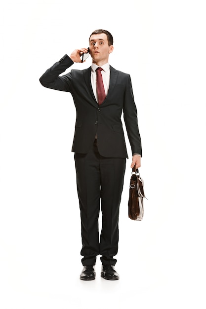 Full body portrait of businessman with briefcase on white