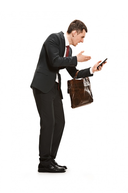 Free photo full body portrait of businessman with briefcase on white