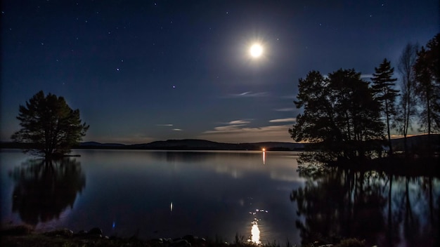 Free Photo full moon shines over a tranquil lake at night