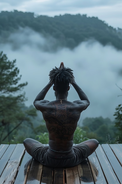 Free photo full shot black man practising yoga