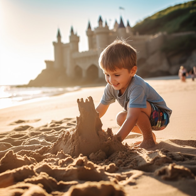 Full shot boy playing on the beach