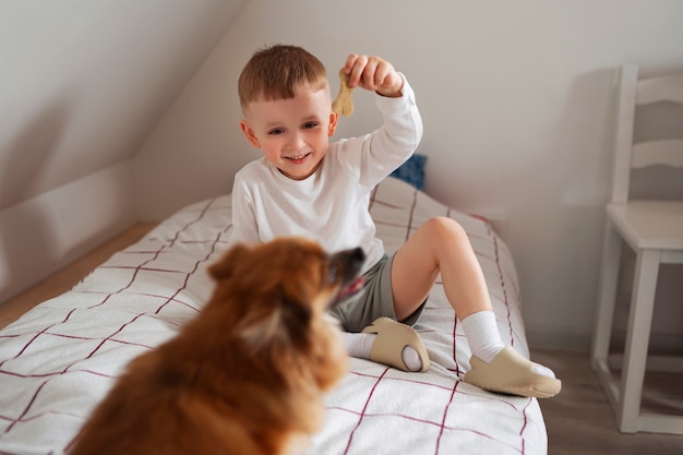 Free Photo full shot boy playing with dog indoors