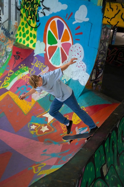 Free photo full shot cool teen with skateboard outside