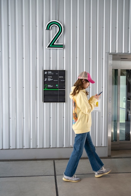 Free Photo full shot cool woman walking with trucker hat