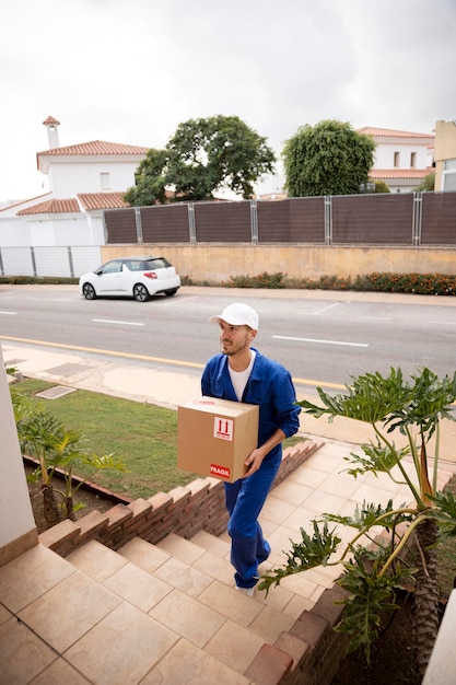 Full shot delivery man carrying box