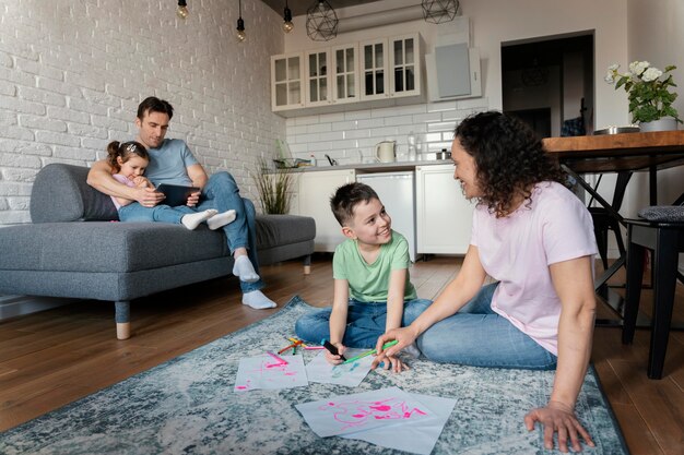 Full shot family spending time together