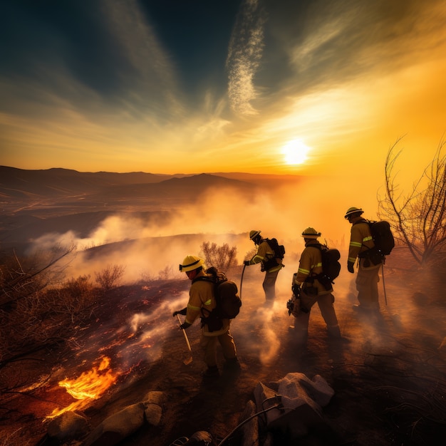 Free photo full shot firefighters trying to put out wildfire