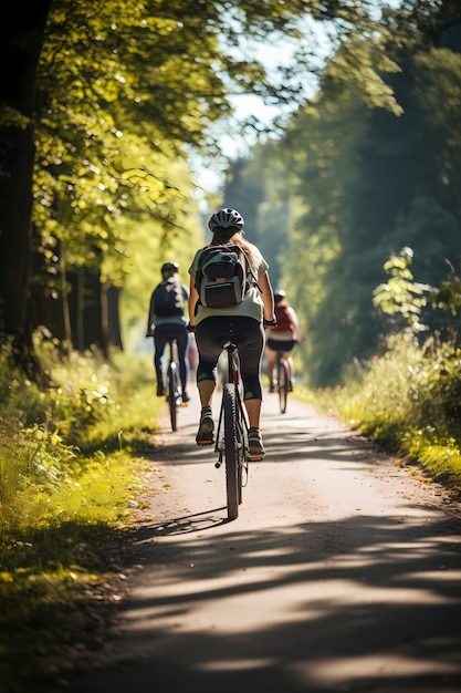 Full shot friends on bicycles outdoors