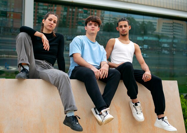 Full shot friends doing parkour