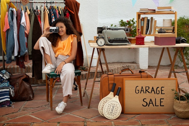 Free Photo full shot girl at garage sale